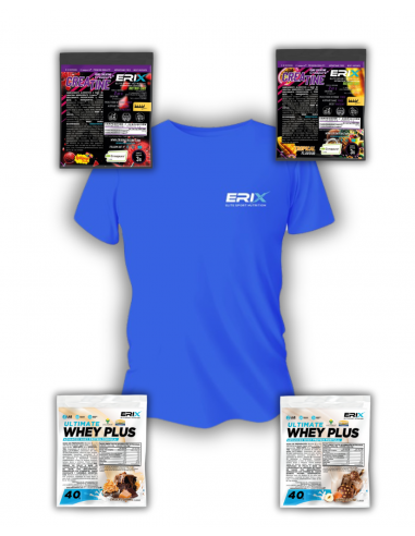 Camiseta Azul L + Whey 1x40 gr BombonHazelNut + ChocoCaramel + Creatina 1x3 Gr Piruleta + Tropical