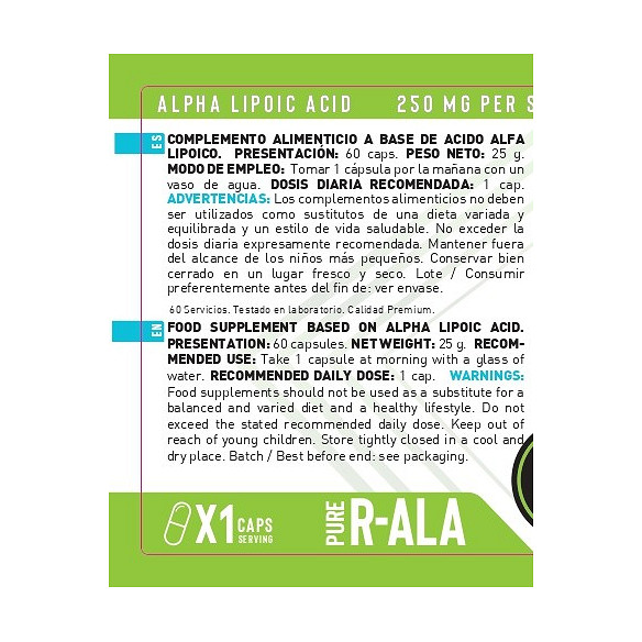 R-ALA 250mg 60 Cápsulas | Ácido Alfa Lipoico Potente Erix Nutrición