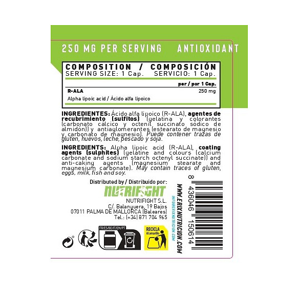R-ALA 250mg 60 Cápsulas | Ácido Alfa Lipoico Potente Erix Nutrición